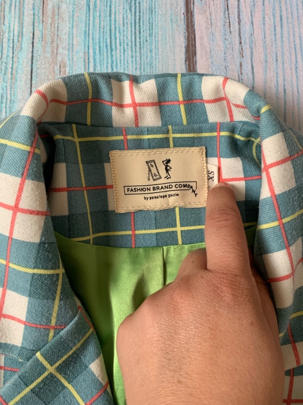 Fashion Brand Company Cropped Plaid Blazer and skirt set in Teal, White and Pink - Picture 7 of 13